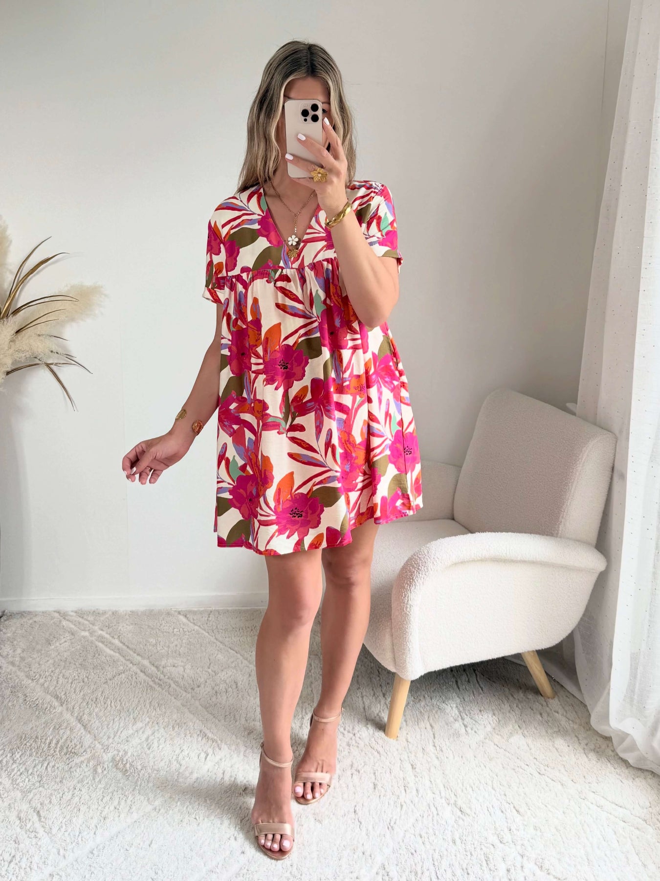 Robe à poches & short intégrés - imprimé fuchsia, coupe fluide et manches courtes