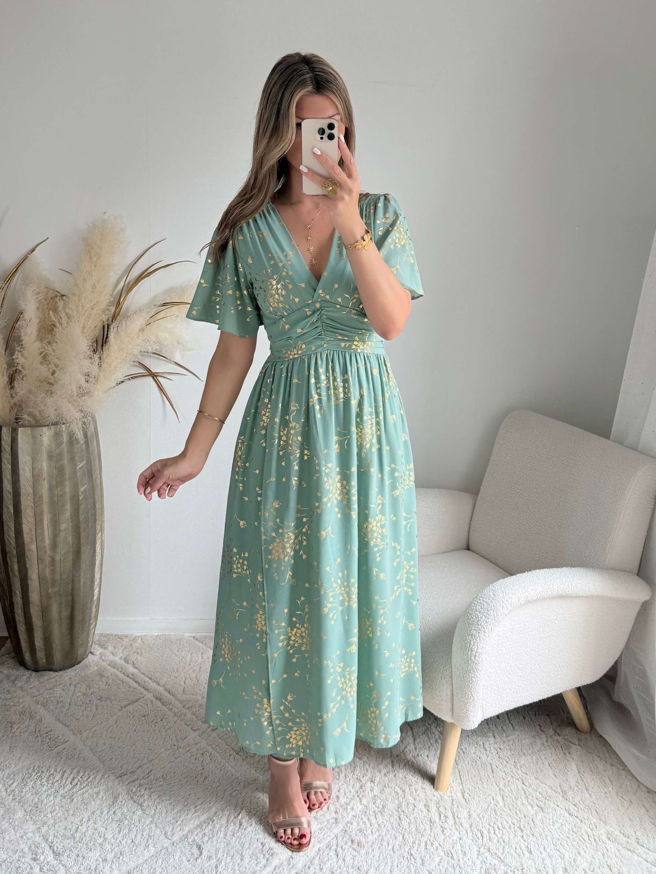 Robe longue vert sauge dorée Inès fluide du S au 4XL cérémonie