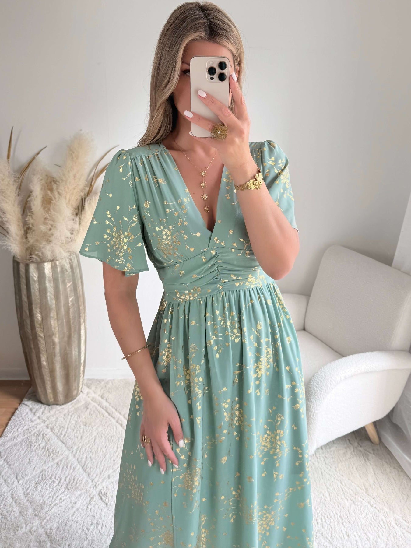 Robe longue vert sauge dorée Inès fluide du S au 4XL cérémonie