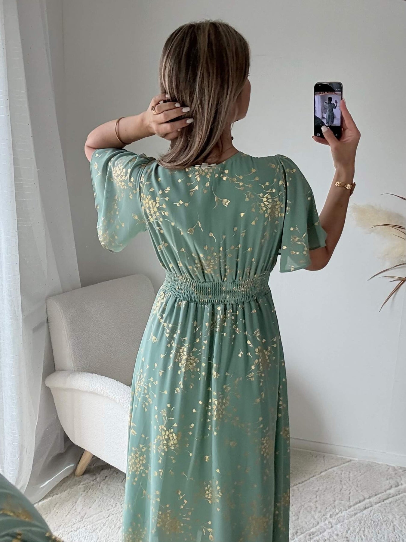 Robe longue vert sauge dorée Inès fluide du S au 4XL cérémonie