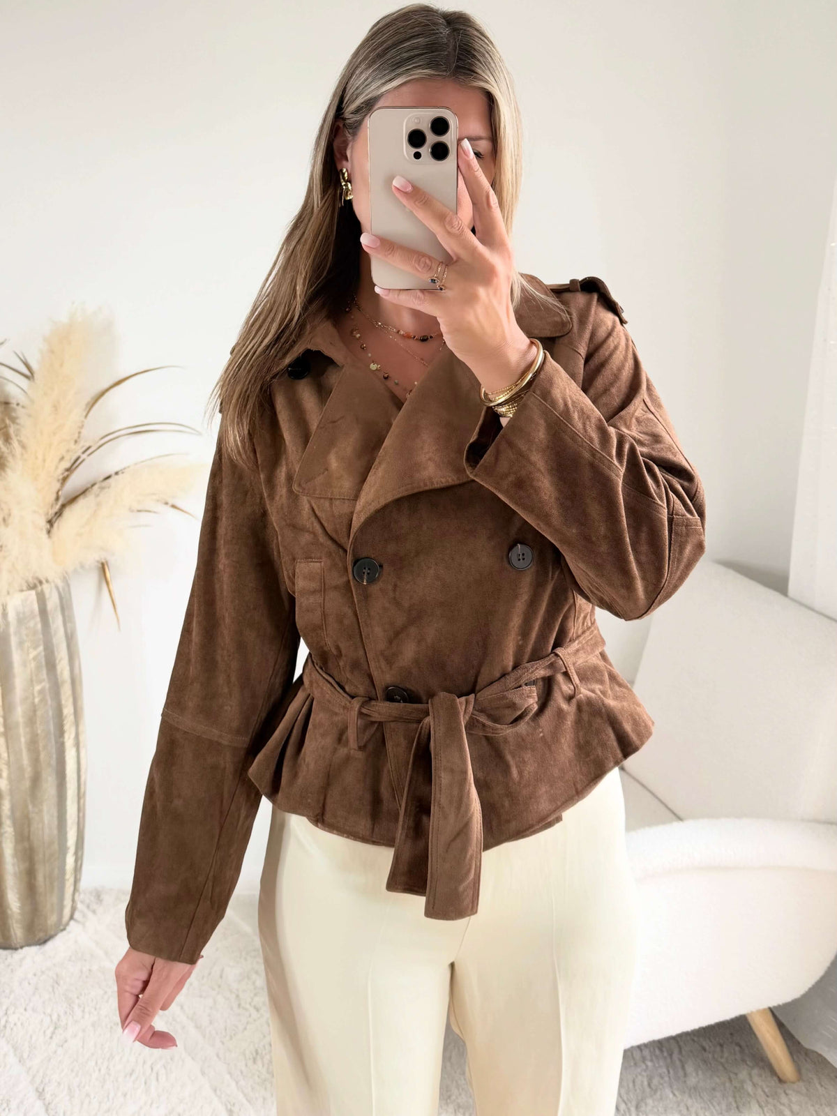 Veste marron effet daim ceinturée à la taille, disponible du S au 4XL