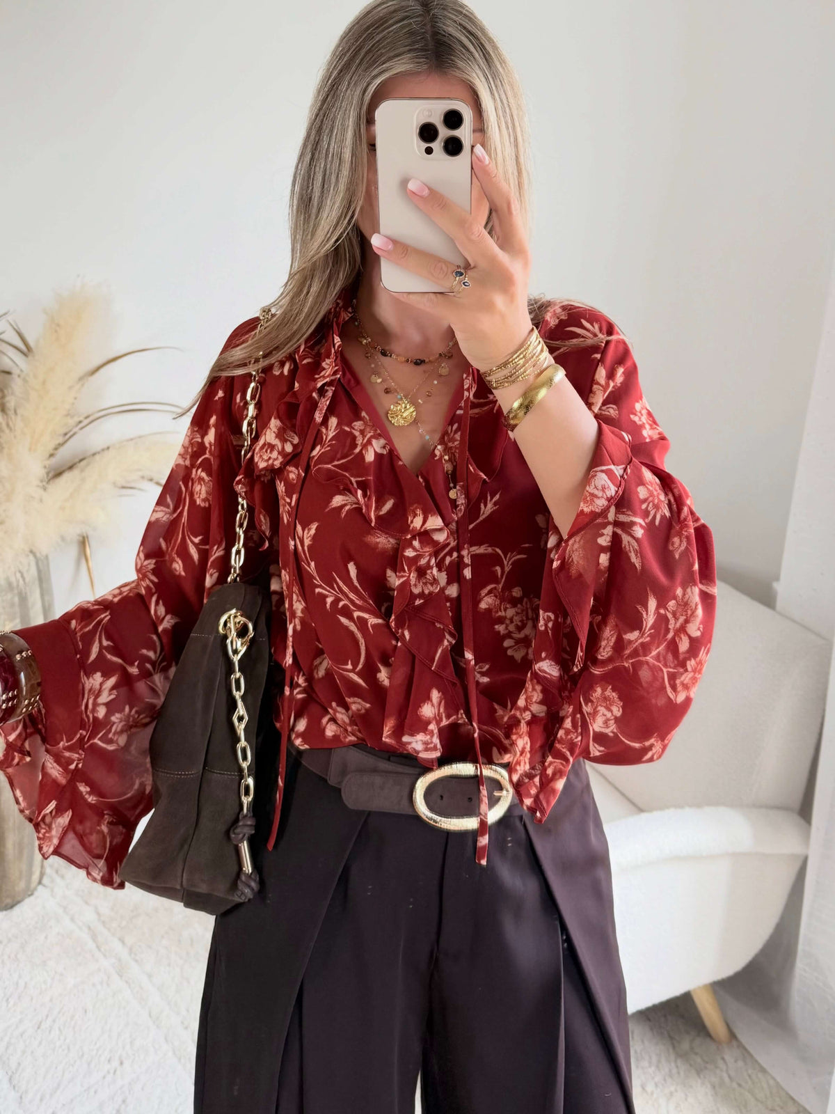 Chemisier bohème terracotta à imprimé fleuri Gaby, disponible du S au 4XL