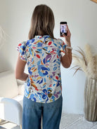 Chemisier femme imprimé fleuri coloré manches courtes avec boutons style chic été