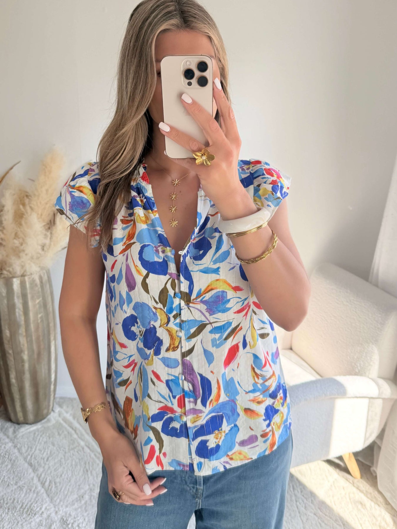 Chemisier femme imprimé fleuri coloré manches courtes avec boutons style chic été