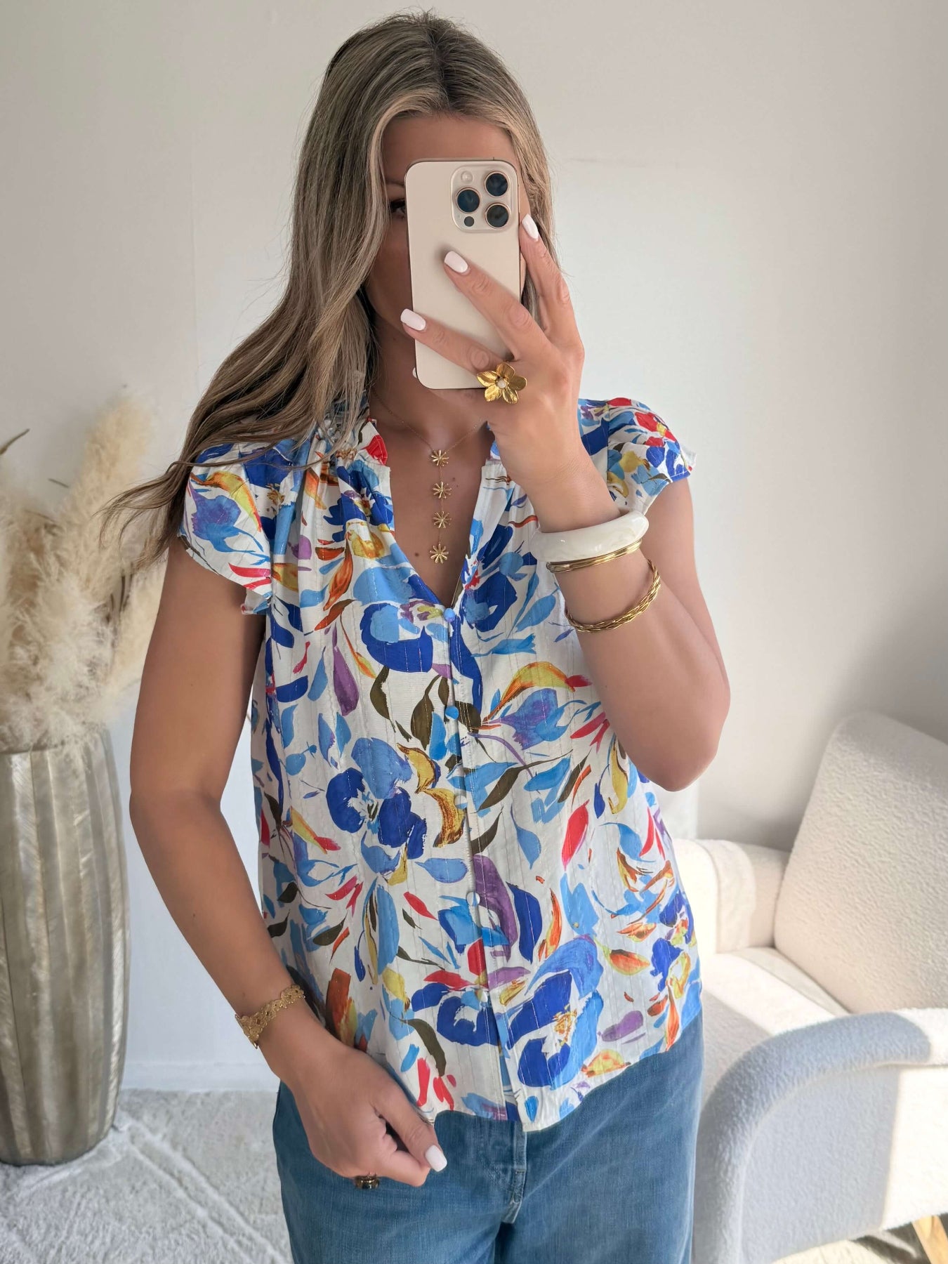 Chemisier femme imprimé fleuri coloré manches courtes avec boutons style chic été