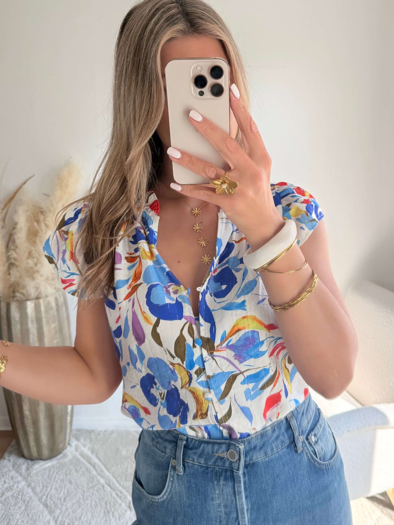 Chemisier femme imprimé fleuri coloré manches courtes avec boutons style chic été