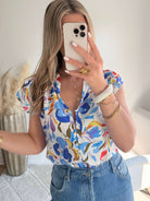 Chemisier femme imprimé fleuri coloré manches courtes avec boutons style chic été