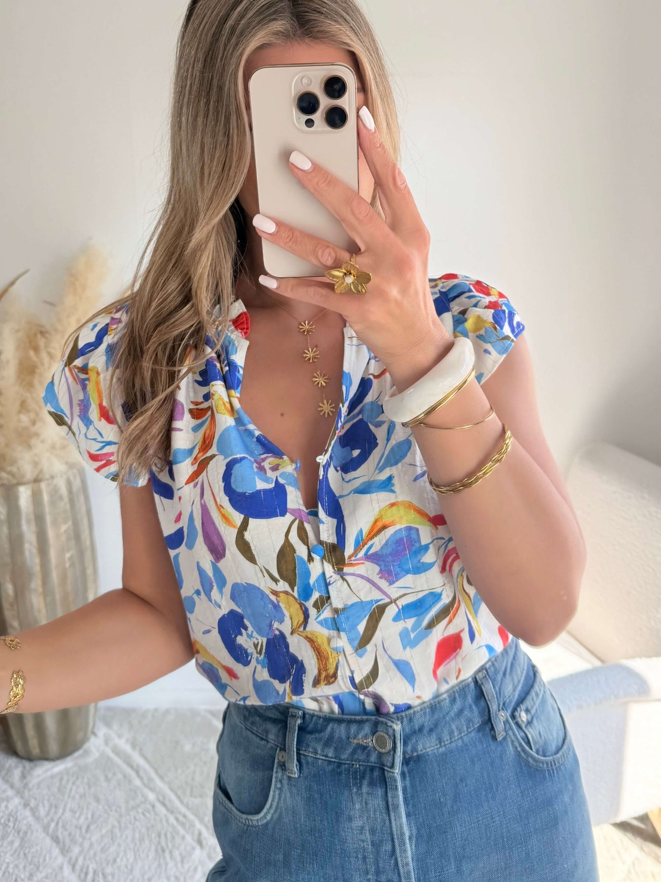 Chemisier femme imprimé fleuri coloré manches courtes avec boutons style chic été