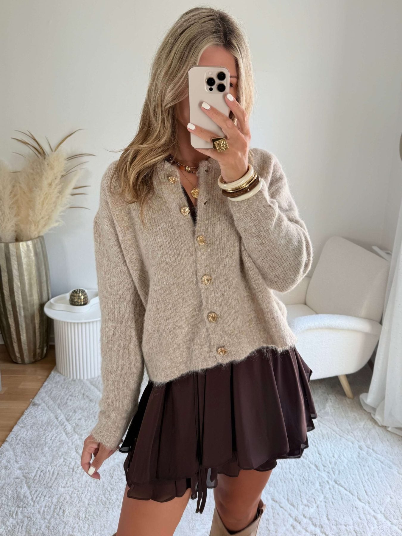 Cardigan taupe boutons bijoux - Gabi