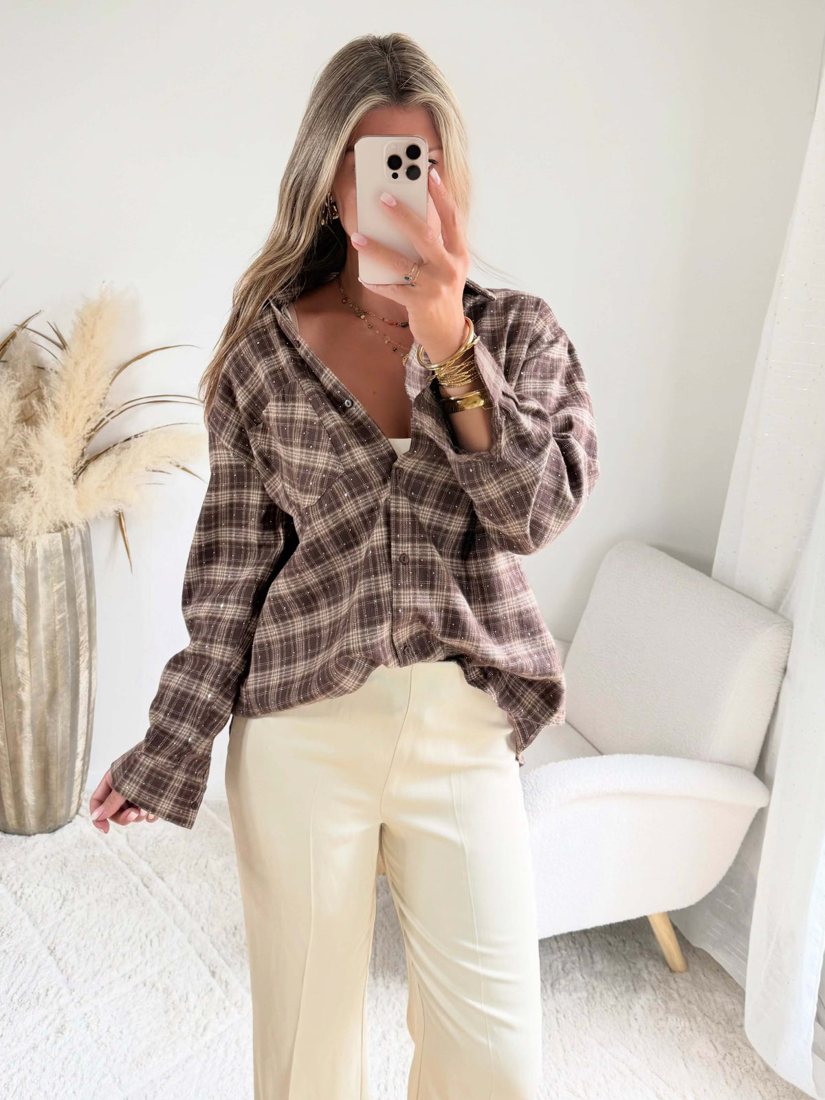 Chemise ample à carreaux ornée de strass Tilda, du S au L