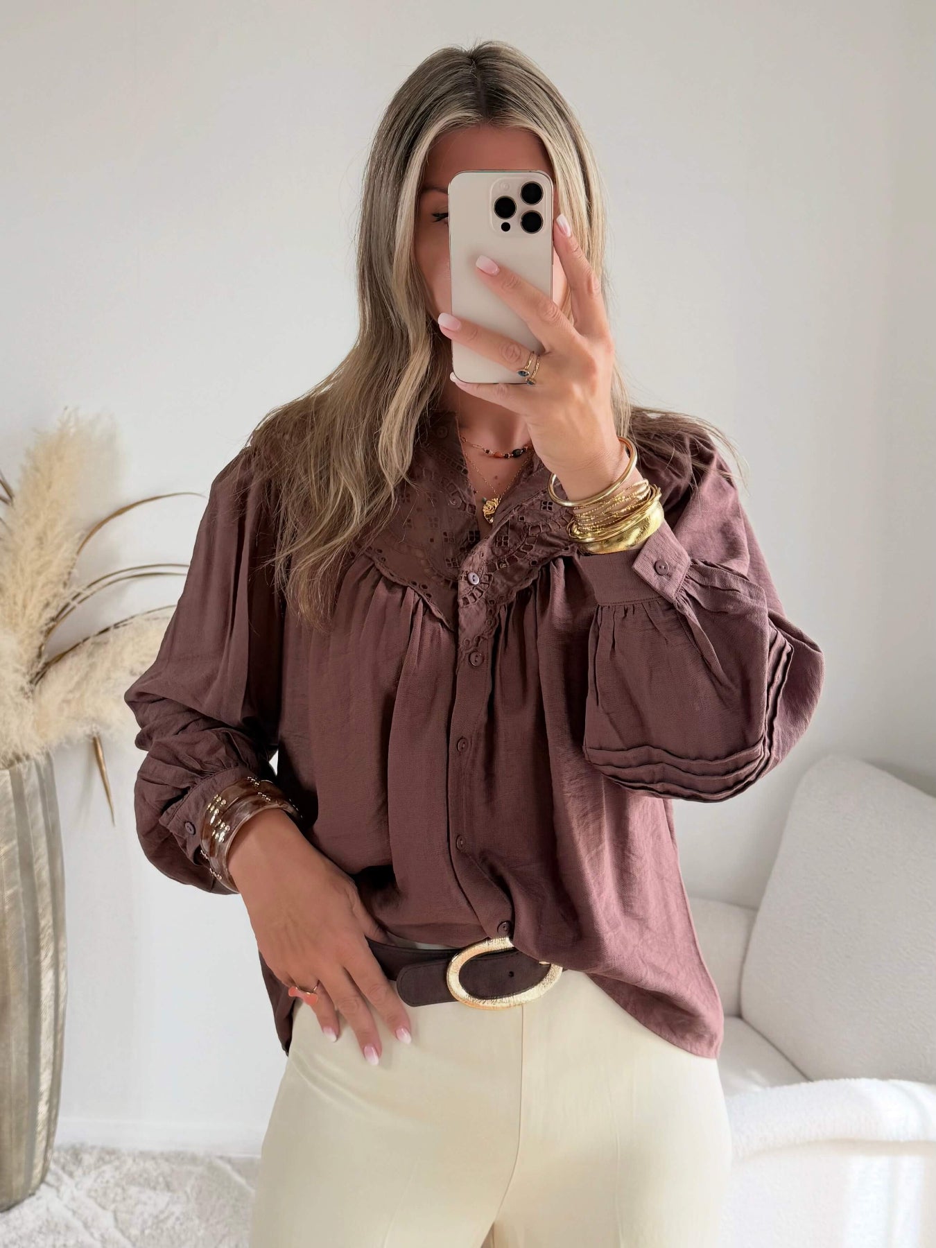 Chemisier ample marron femme avec broderie sur le devant du S au 4XL