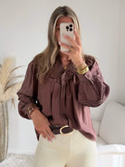 Chemisier ample marron femme avec broderie sur le devant du S au 4XL