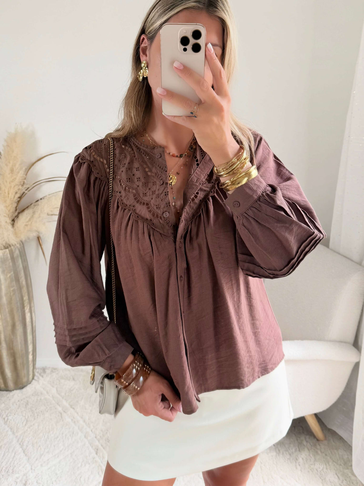Chemisier ample marron femme avec broderie sur le devant du S au 4XL