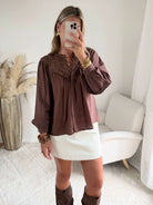 Chemisier ample marron femme avec broderie sur le devant du S au 4XL