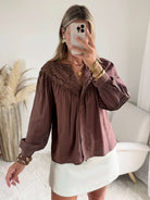 Chemisier ample marron femme avec broderie sur le devant du S au 4XL