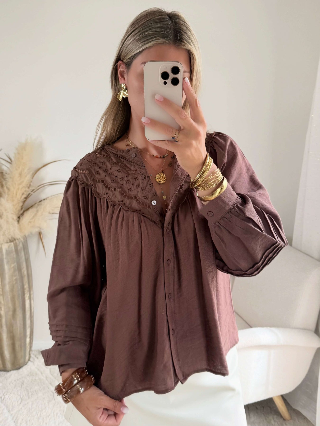 Chemisier ample marron femme avec broderie sur le devant du S au 4XL