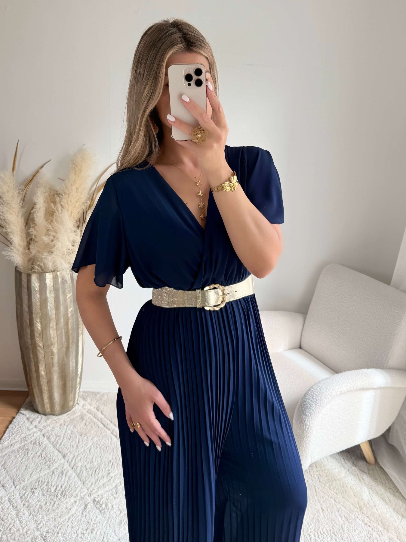 Combinaison plissée marine Lilou fluide du 38 au 48 élégante