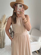 Ensemble haut fluide et jupe beige fluide en viscose - Lola