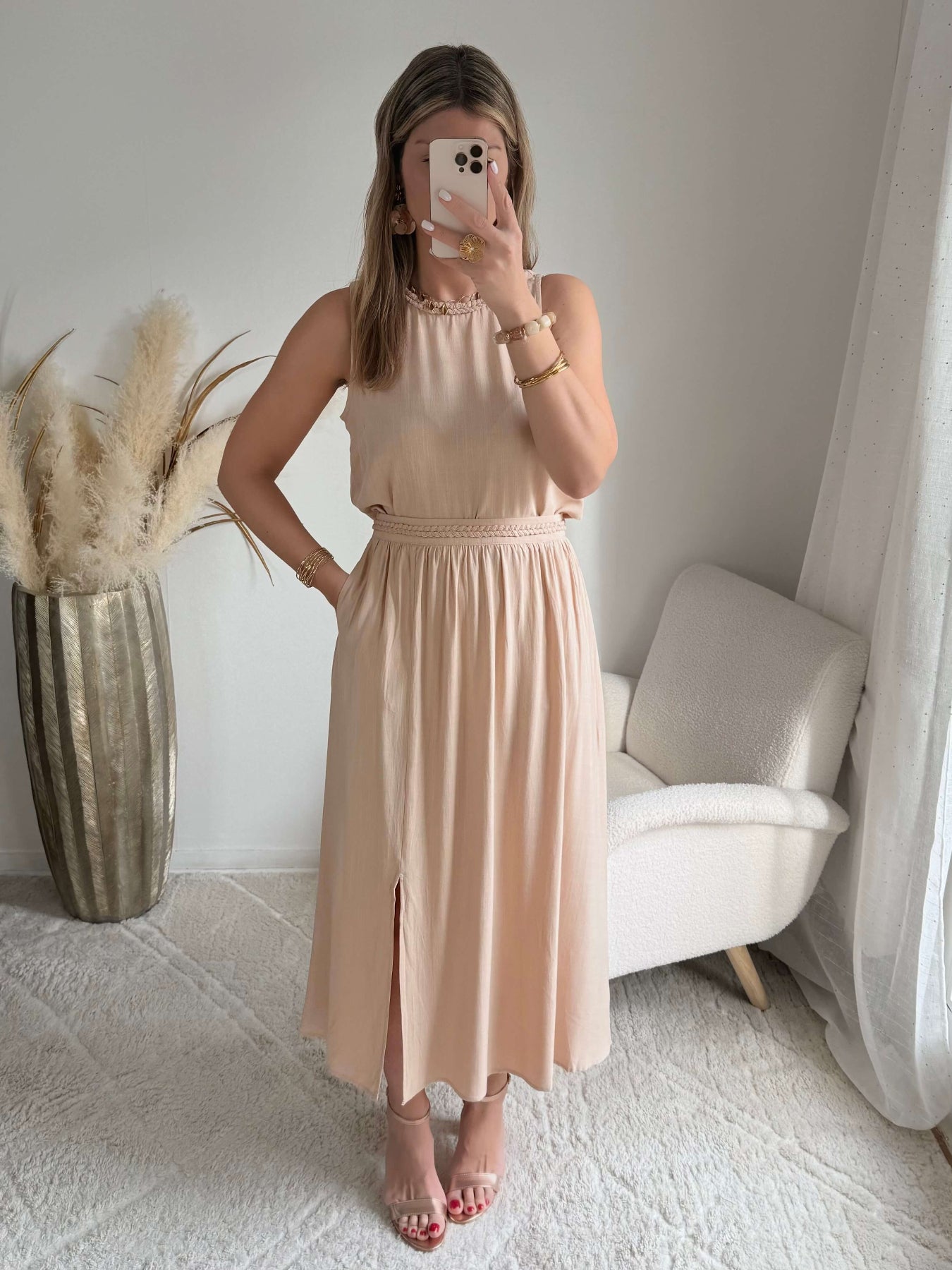 Ensemble haut fluide et jupe beige fluide en viscose - Lola