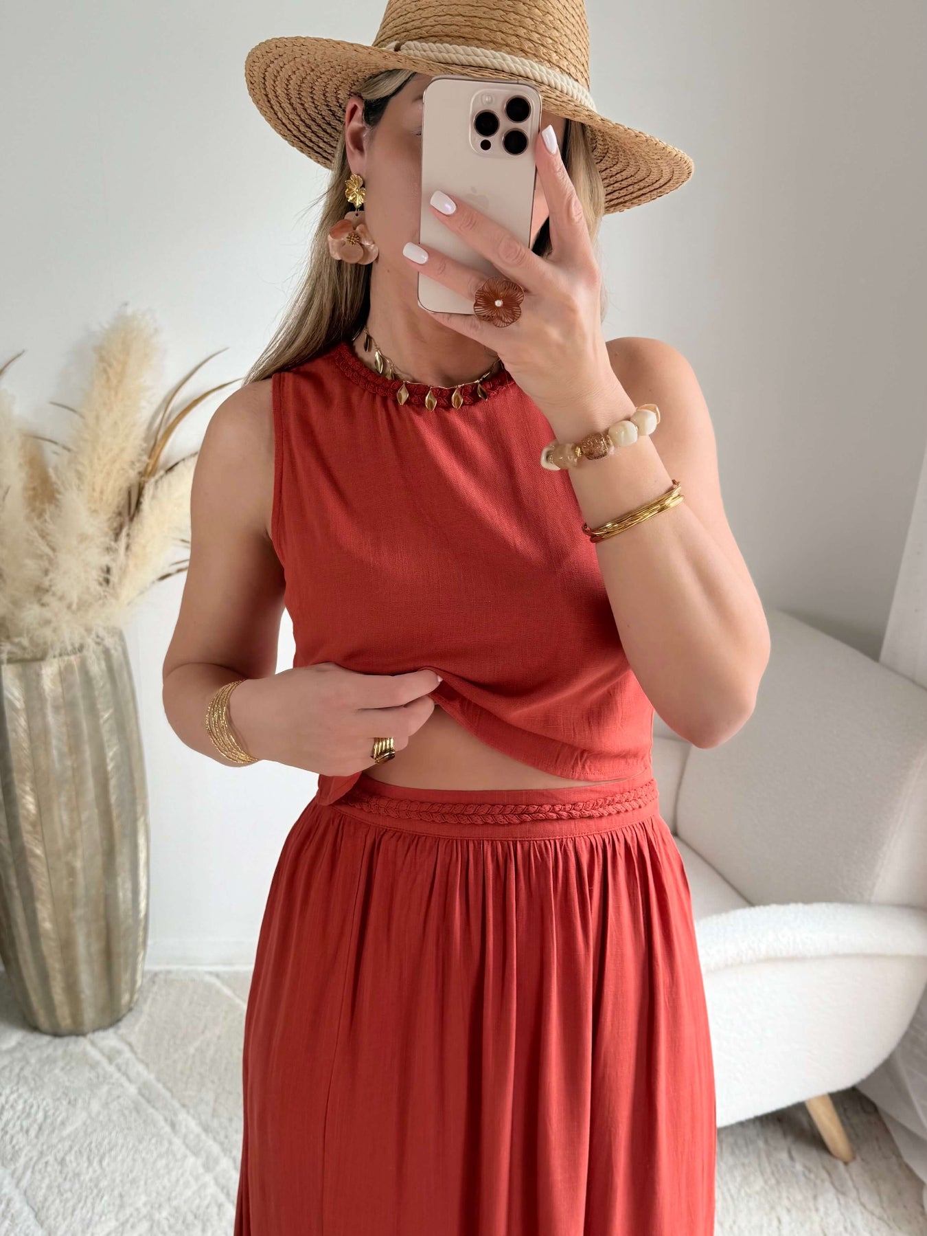 Ensemble haut et jupe Lola rouille - haut fluide sans manches et jupe fendue taille élastique 