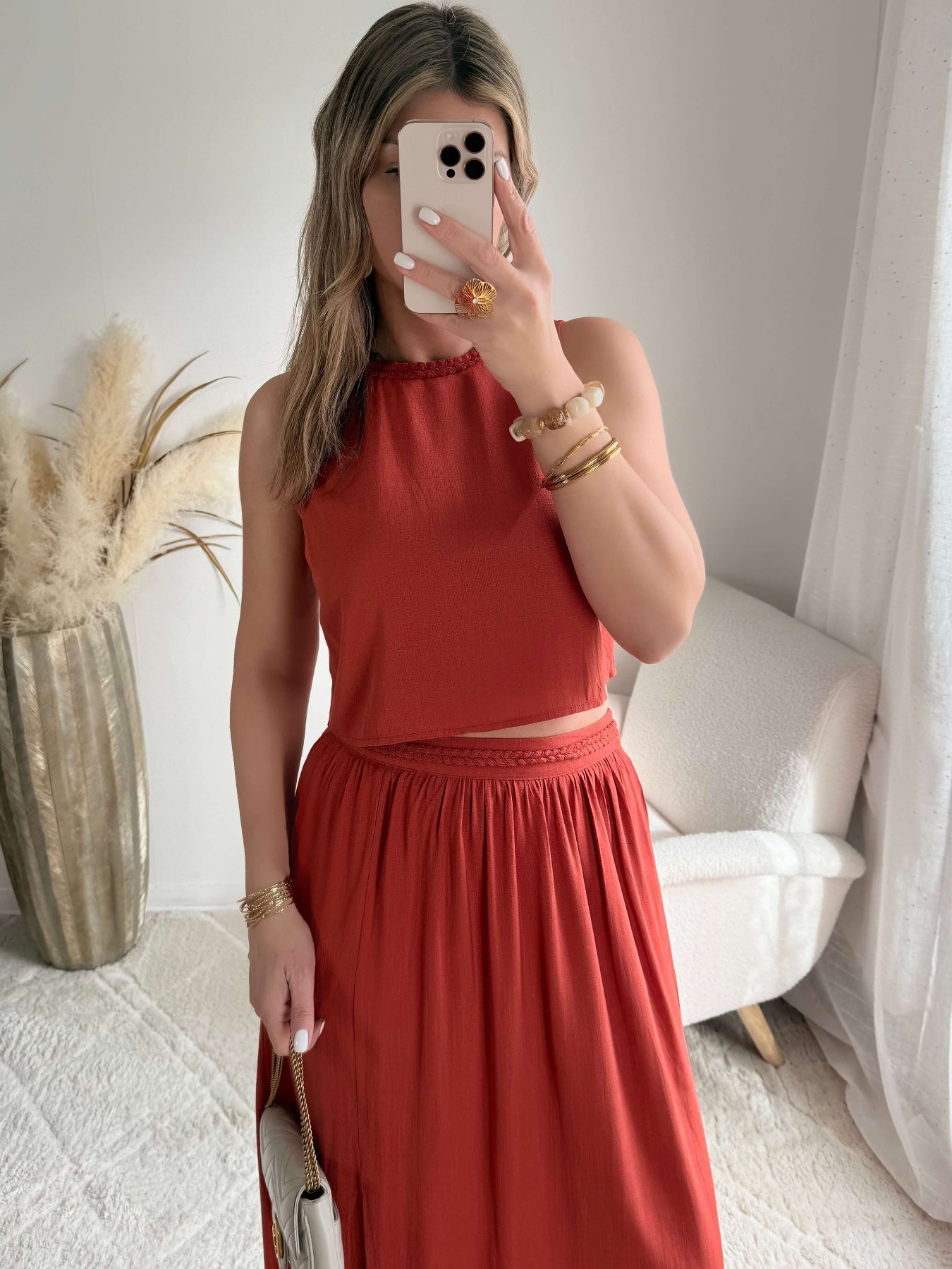 Ensemble haut et jupe Lola rouille - haut fluide sans manches et jupe fendue taille élastique 