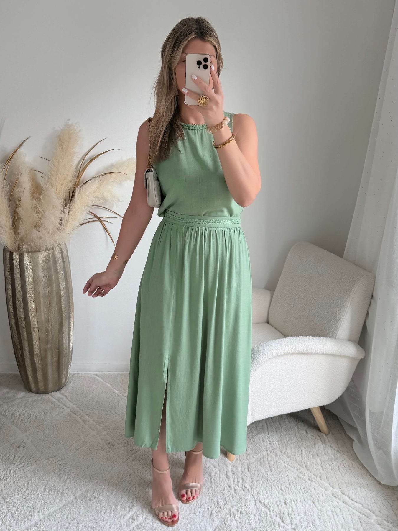 Ensemble femme vert sauge Lola avec haut fluide et jupe midi taille élastique 