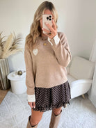 Pull beige dentelle coeur