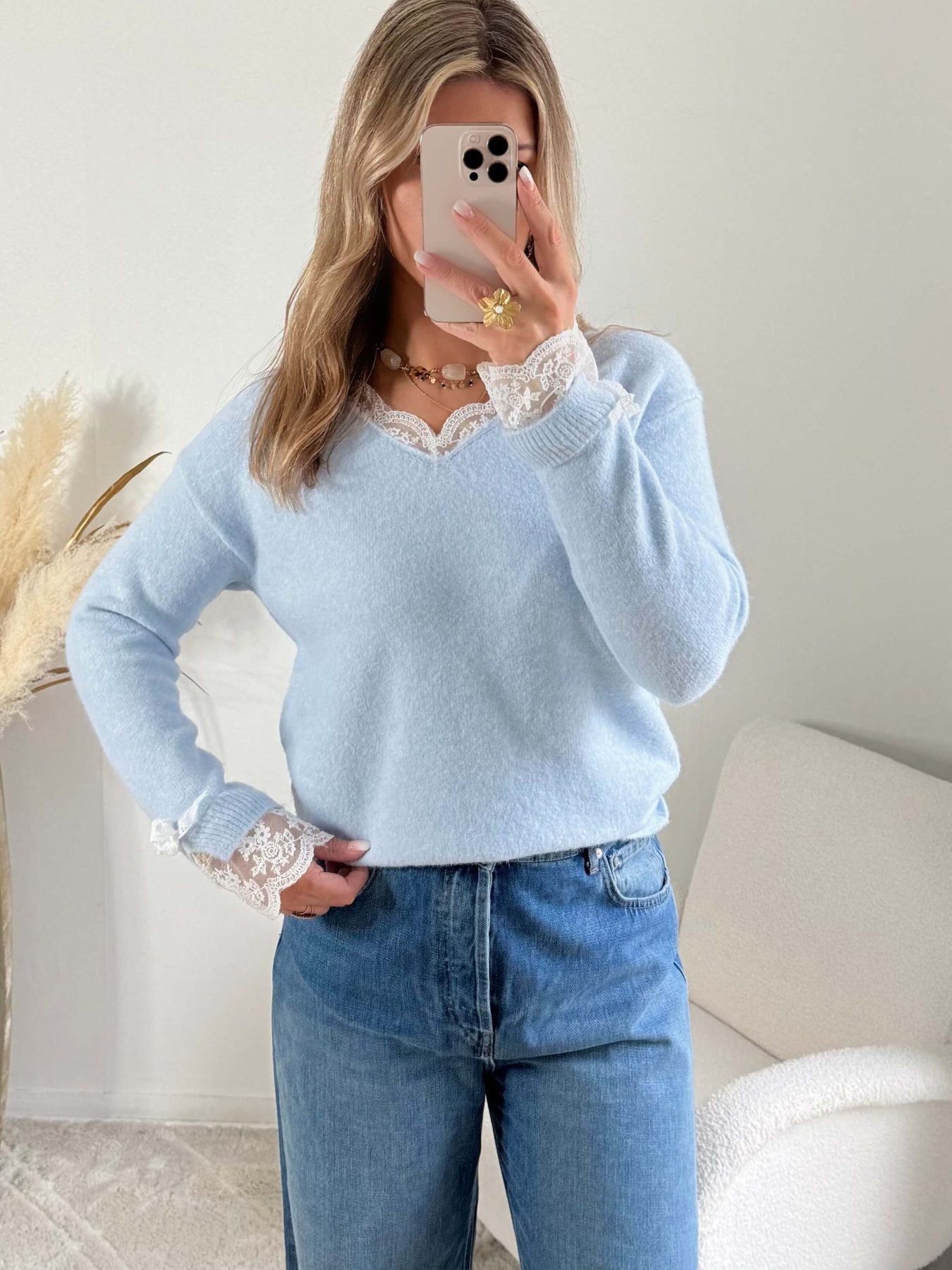 Pull bleu poudré dentelle - Elina