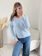 Pull bleu poudré dentelle - Elina