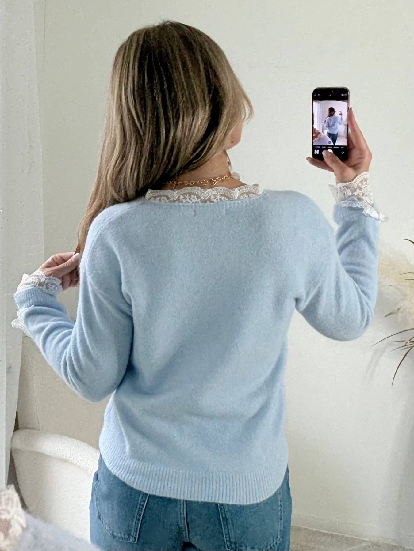 Pull bleu poudré dentelle - Elina