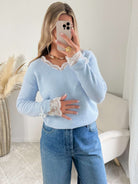 Pull bleu poudré dentelle - Elina