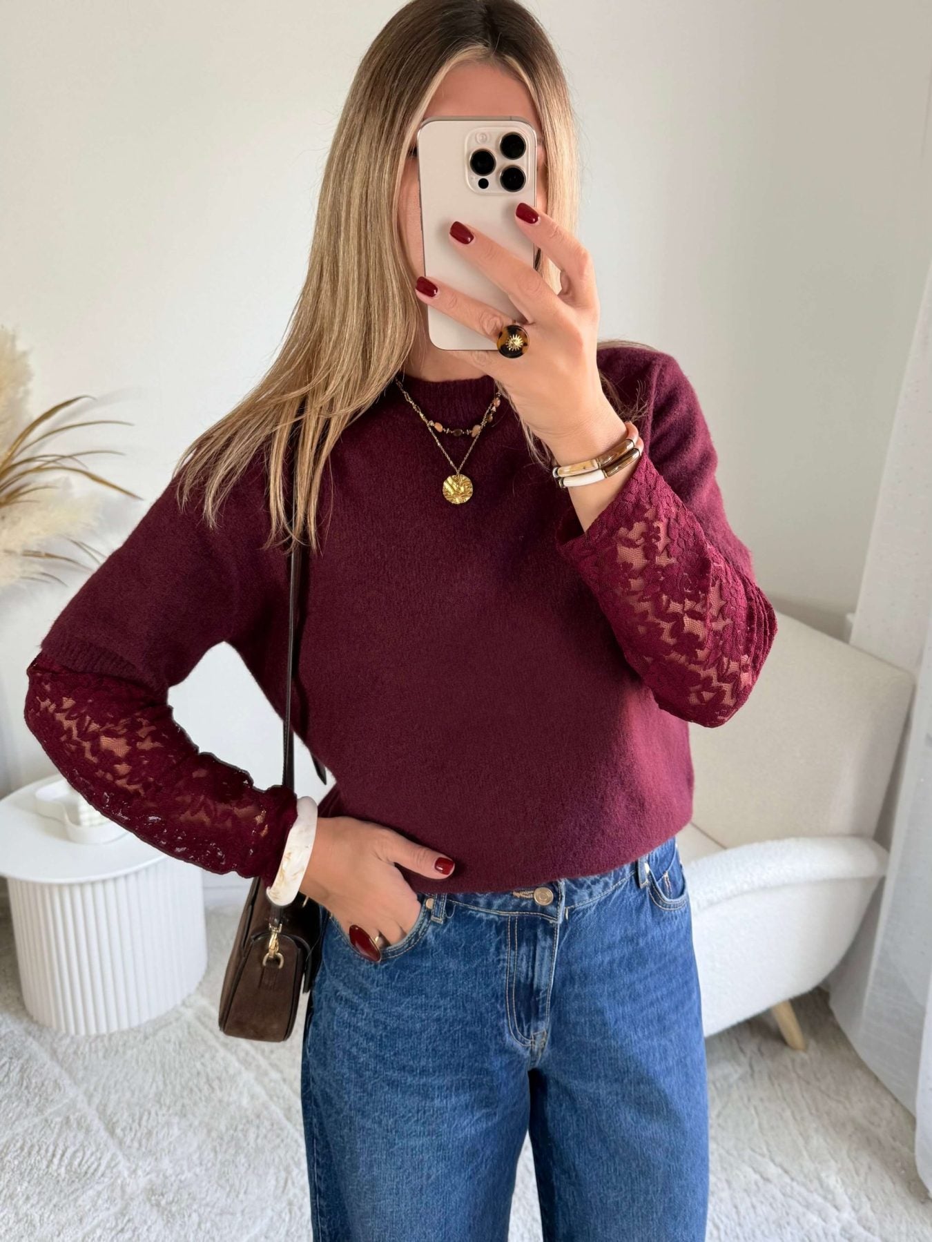 Pull manches dentelle bordeaux