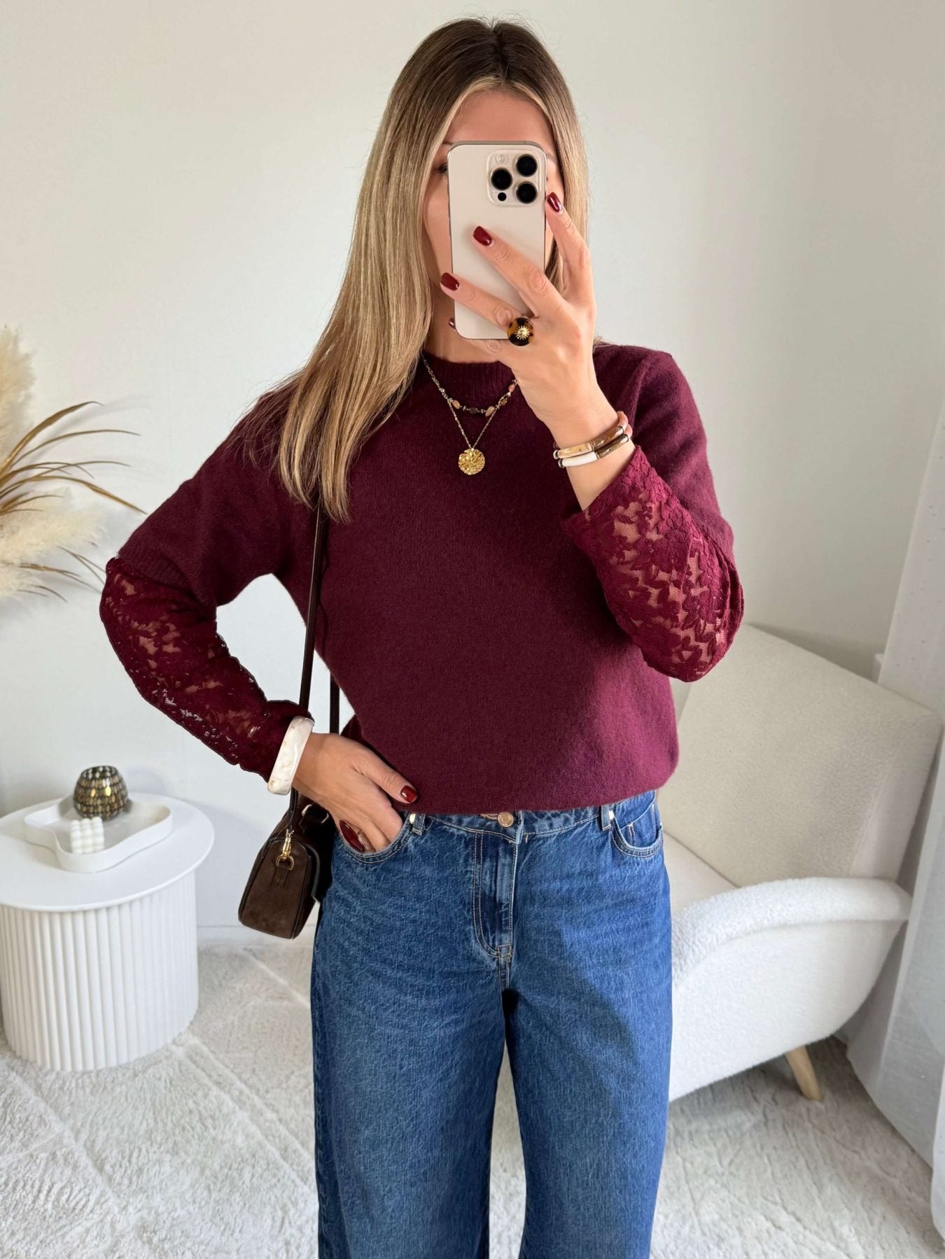 Pull manches dentelle bordeaux
