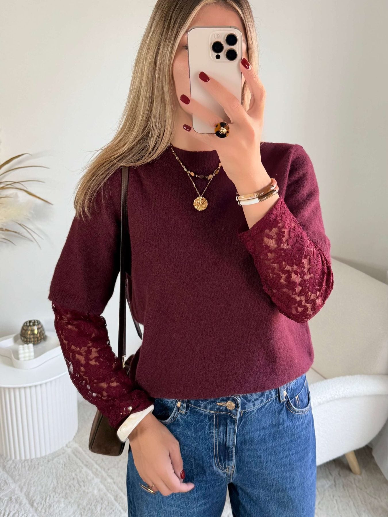 Pull manches dentelle bordeaux