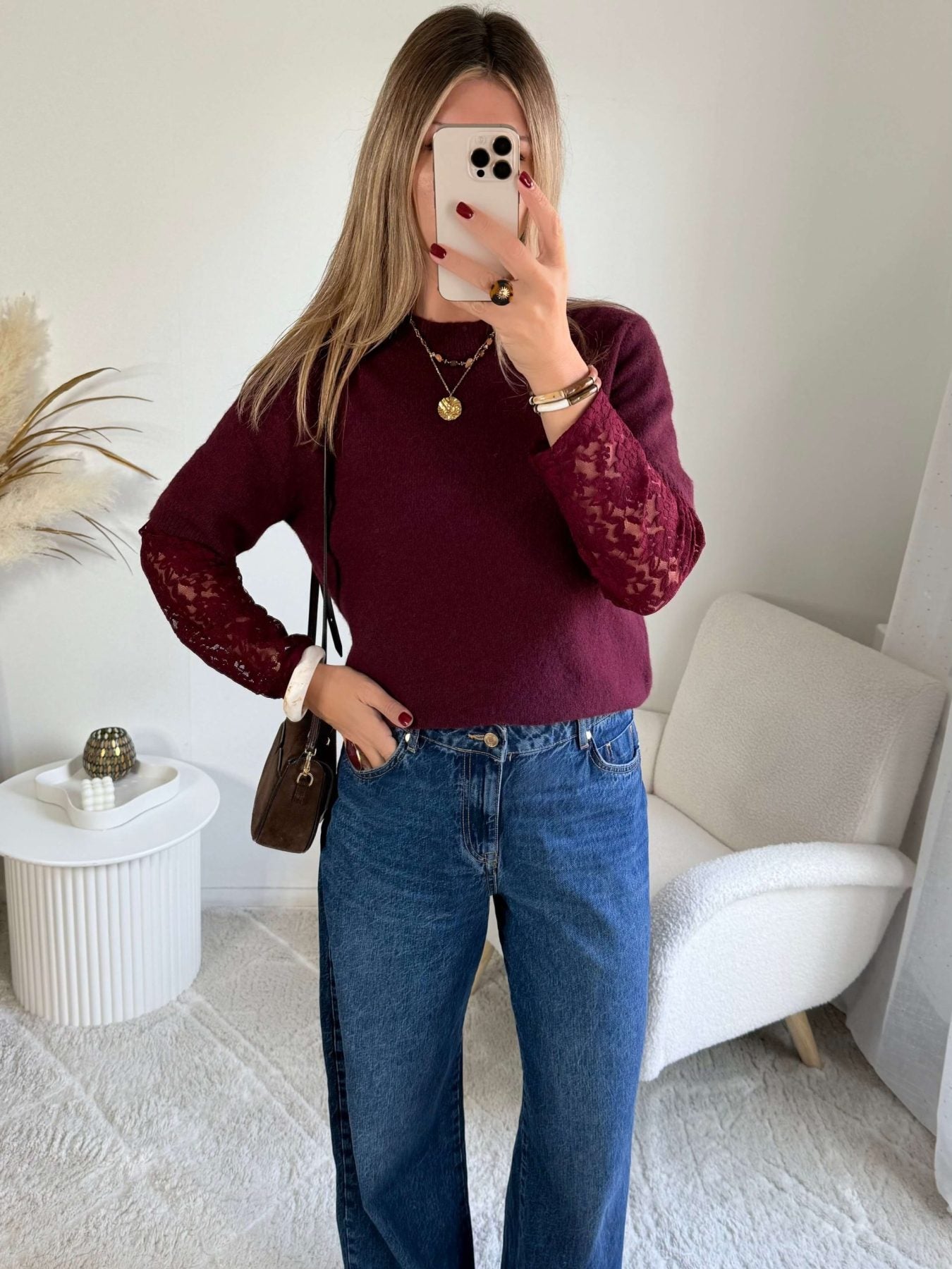 Pull manches dentelle bordeaux