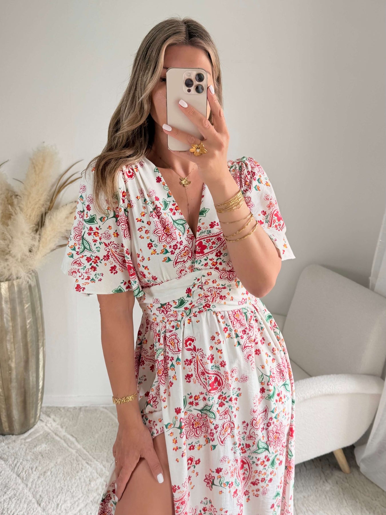 Robe longue blanche fleurie Liz fluide fendue femme élégante Easy Dressing