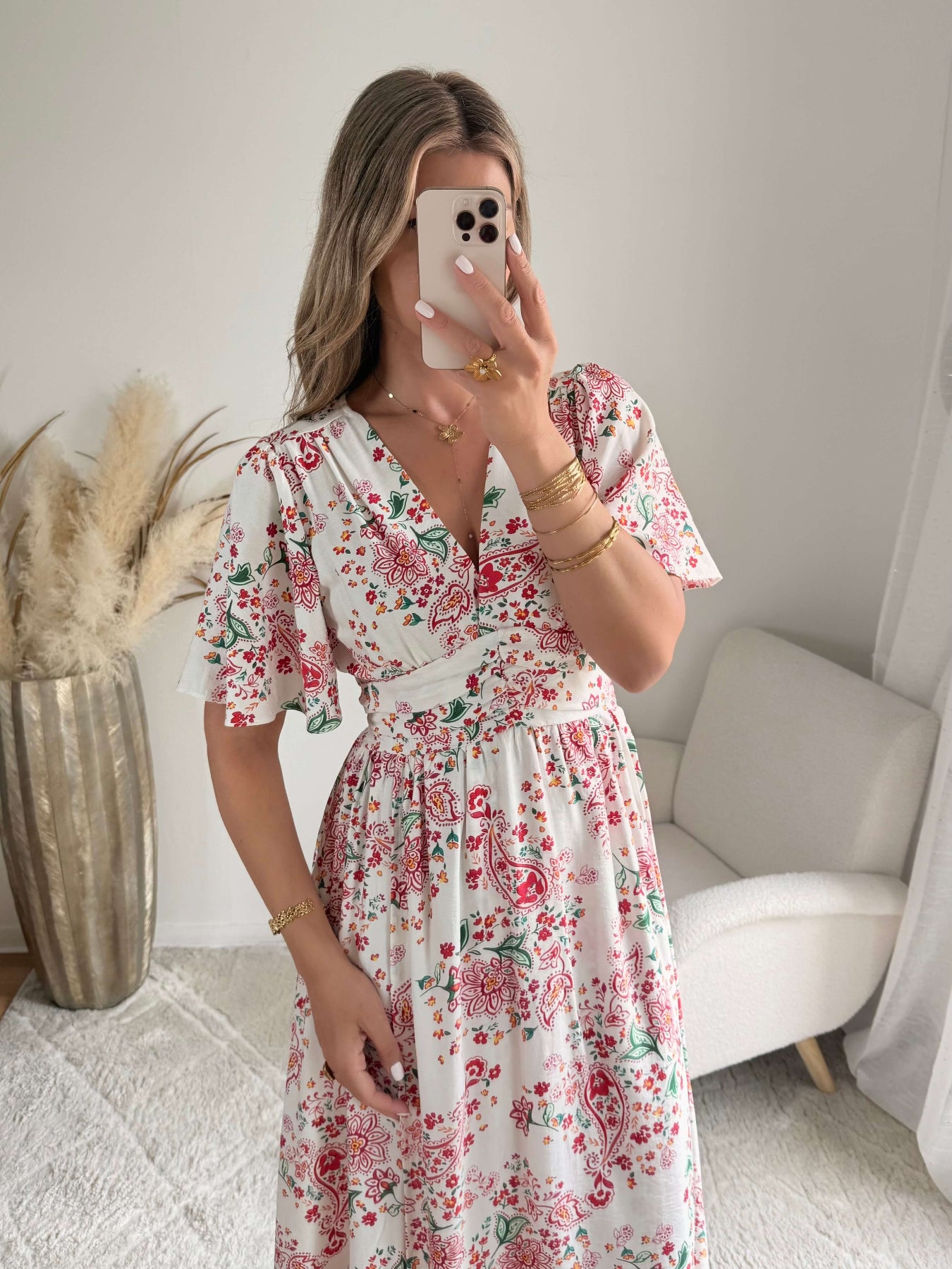 Robe longue blanche fleurie Liz fluide fendue femme élégante Easy Dressing