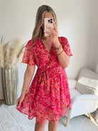 robe courte grande taille rouge imprimée femme coupe portefeuille fluide élégante du S au 4XL Sybille