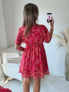 robe courte grande taille rouge imprimée femme coupe portefeuille fluide élégante du S au 4XL Sybille