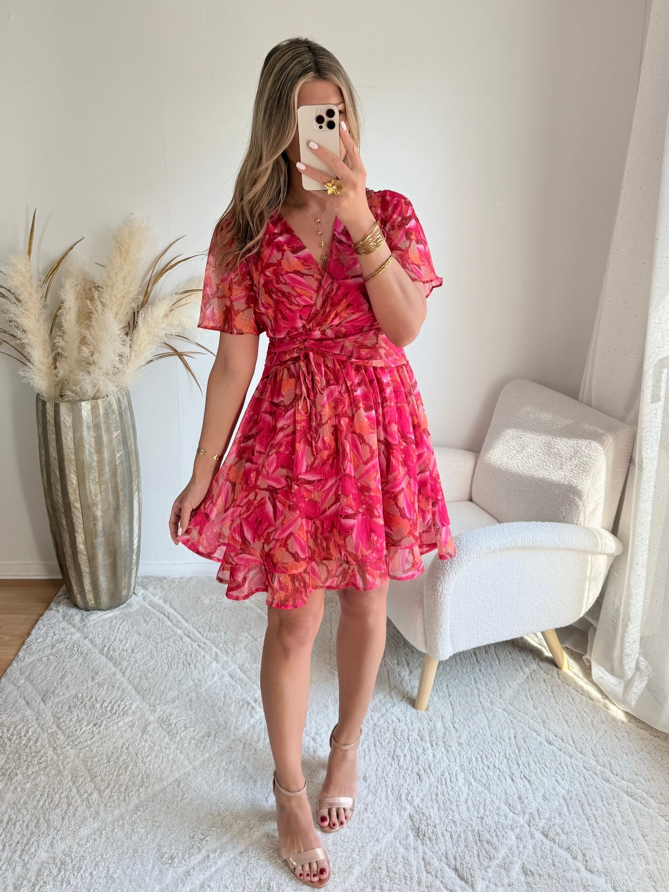 robe courte grande taille rouge imprimée femme coupe portefeuille fluide élégante du S au 4XL Sybille