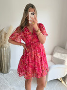 robe courte grande taille rouge imprimée femme coupe portefeuille fluide élégante du S au 4XL Sybille