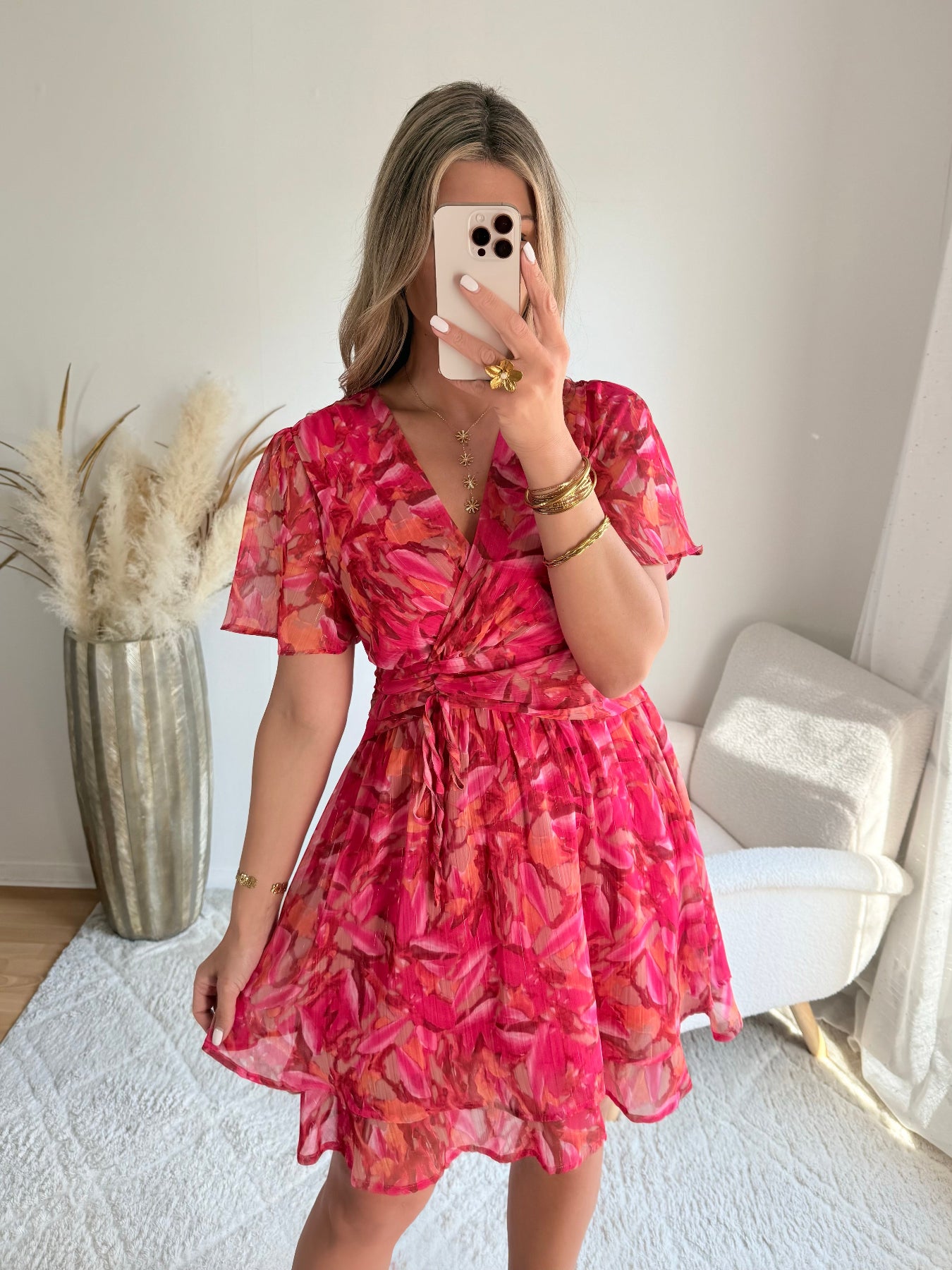 robe courte grande taille rouge imprimée femme coupe portefeuille fluide élégante du S au 4XL Sybille