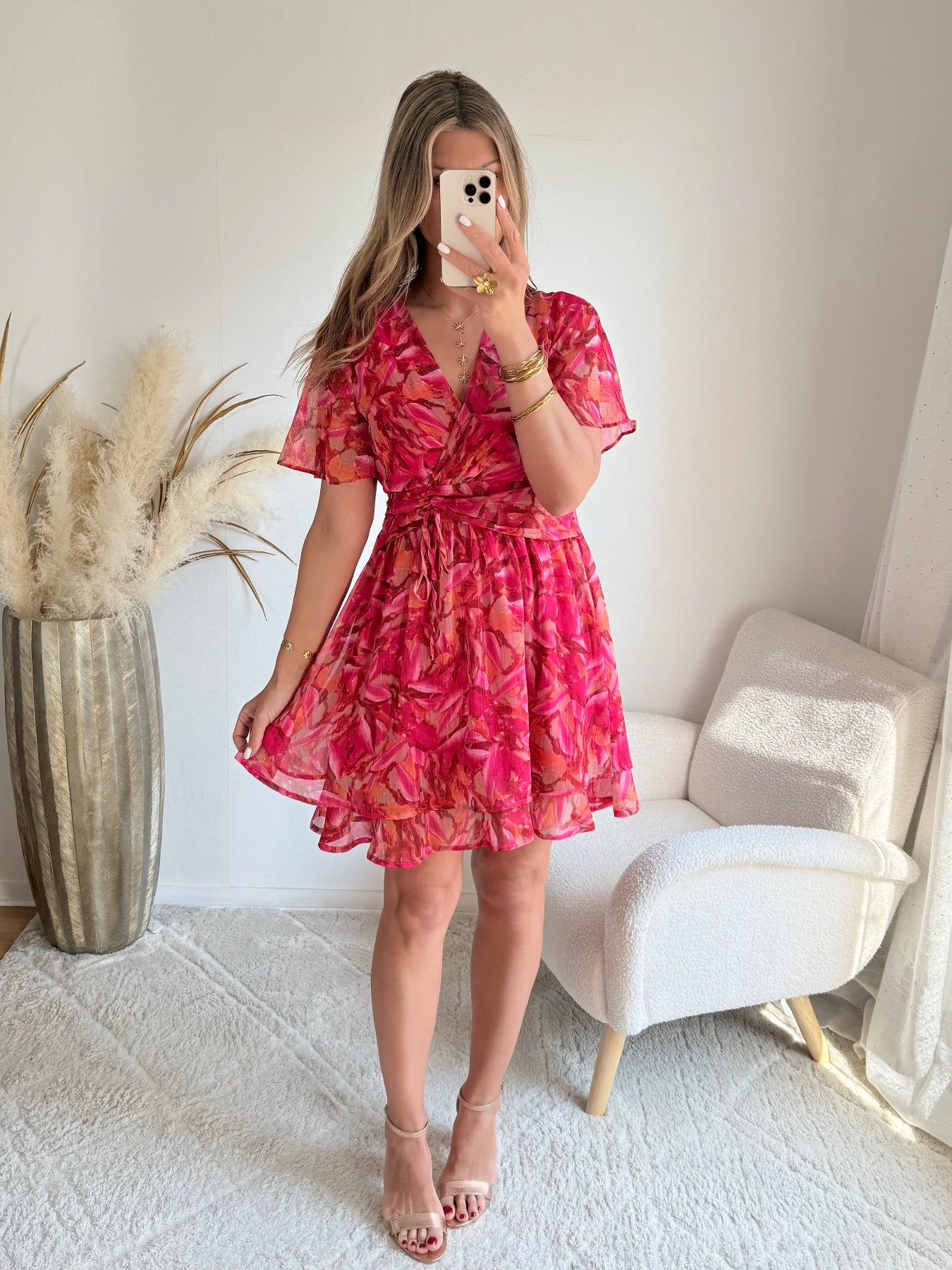 robe courte grande taille rouge imprimée femme coupe portefeuille fluide élégante du S au 4XL Sybille