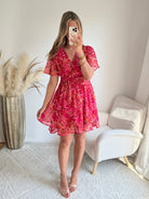 robe courte grande taille rouge imprimée femme coupe portefeuille fluide élégante du S au 4XL Sybille