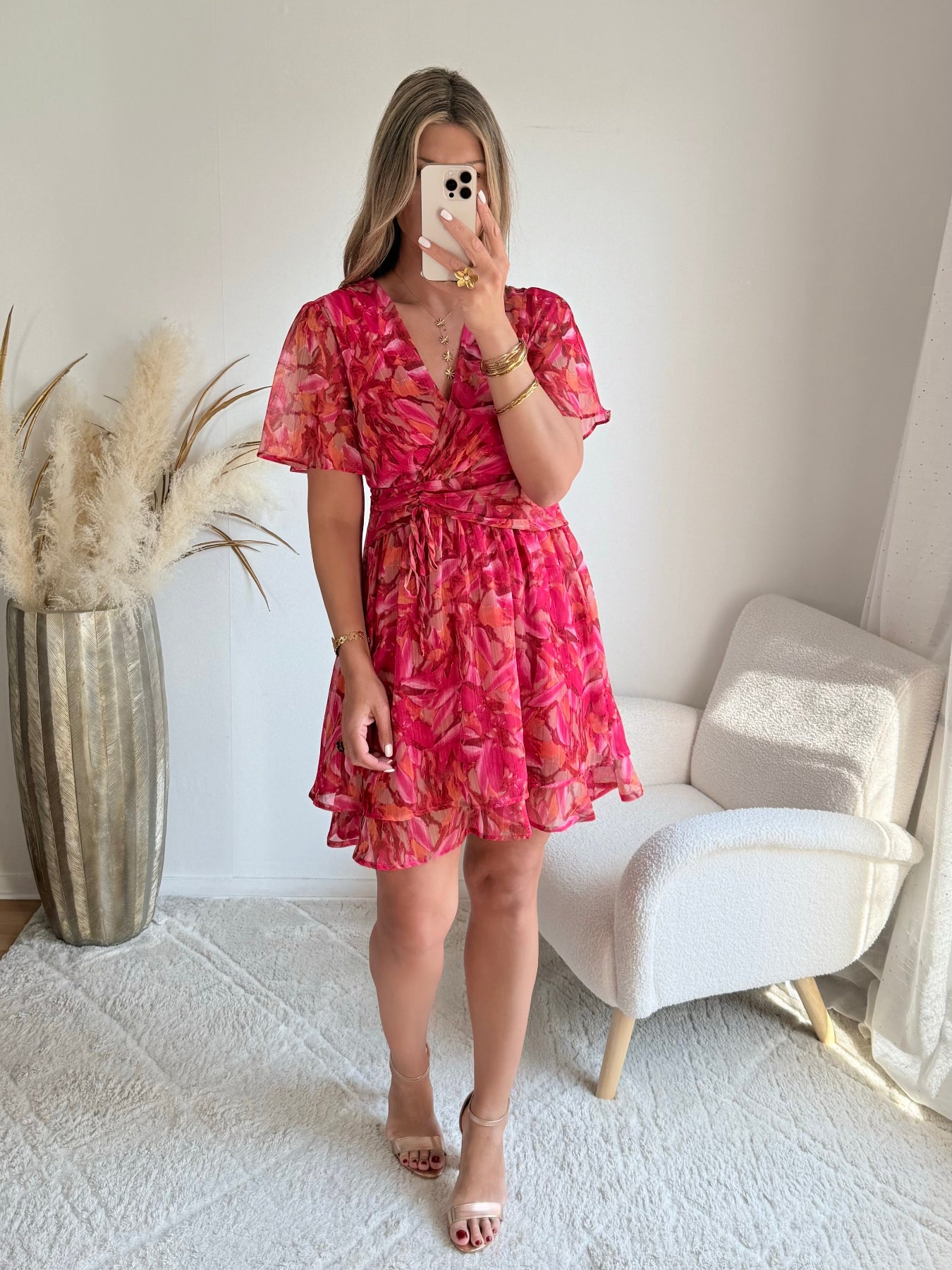 robe courte grande taille rouge imprimée femme coupe portefeuille fluide élégante du S au 4XL Sybille