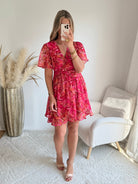 robe courte grande taille rouge imprimée femme coupe portefeuille fluide élégante du S au 4XL Sybille