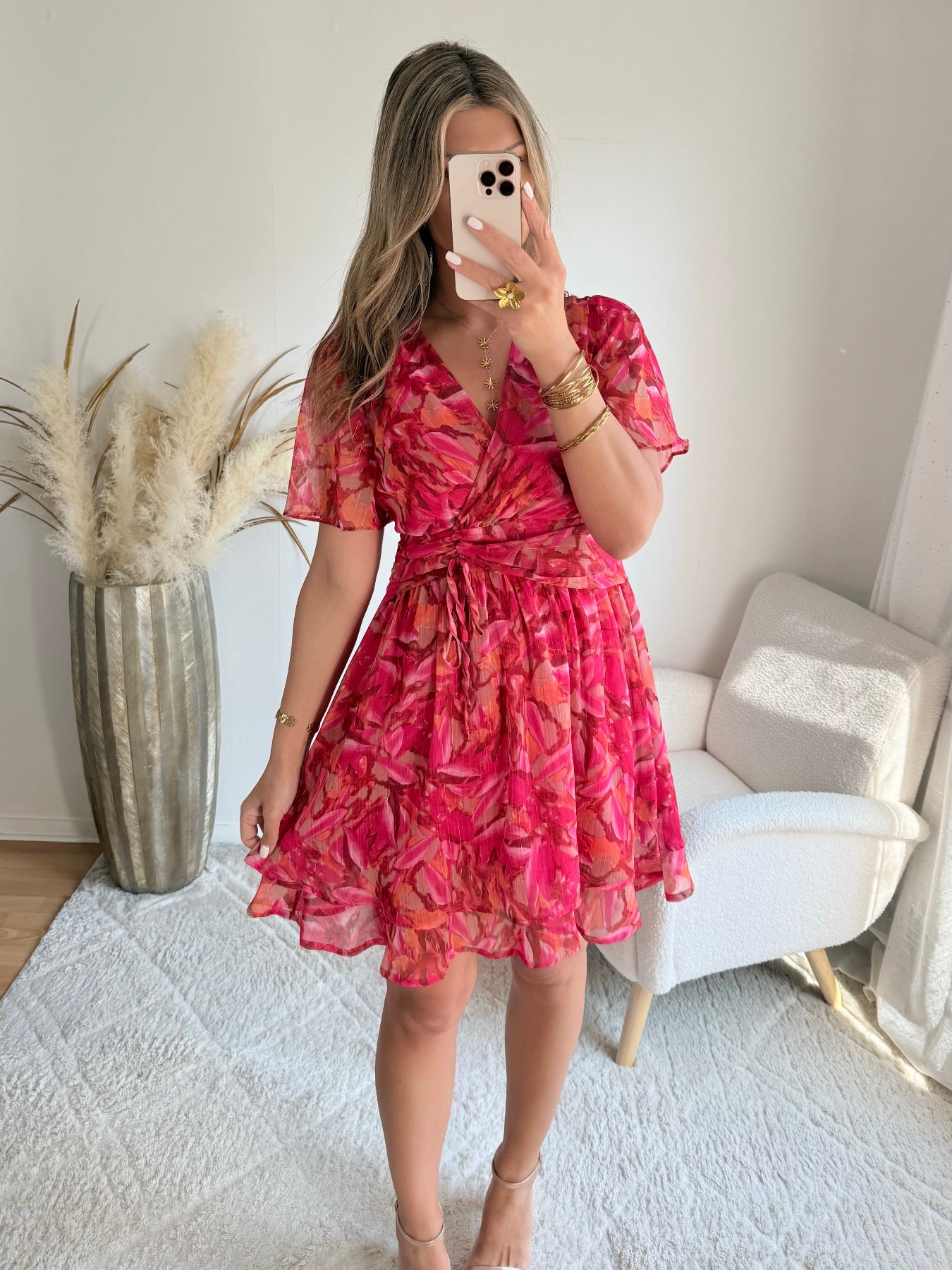 robe courte grande taille rouge imprimée femme coupe portefeuille fluide élégante du S au 4XL Sybille