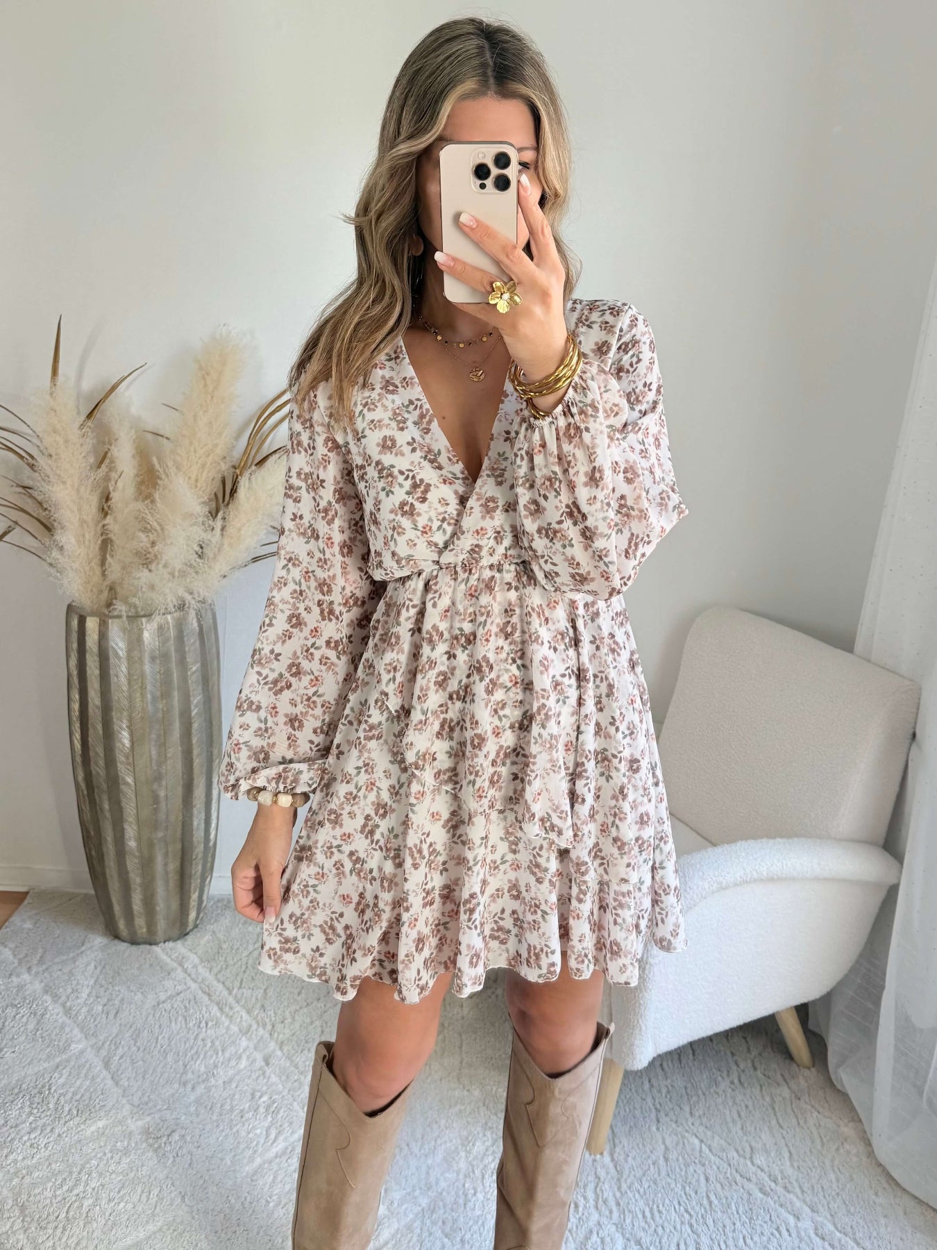 Robe fleurie écru taupe Cassie bohème chic Easy Dressing