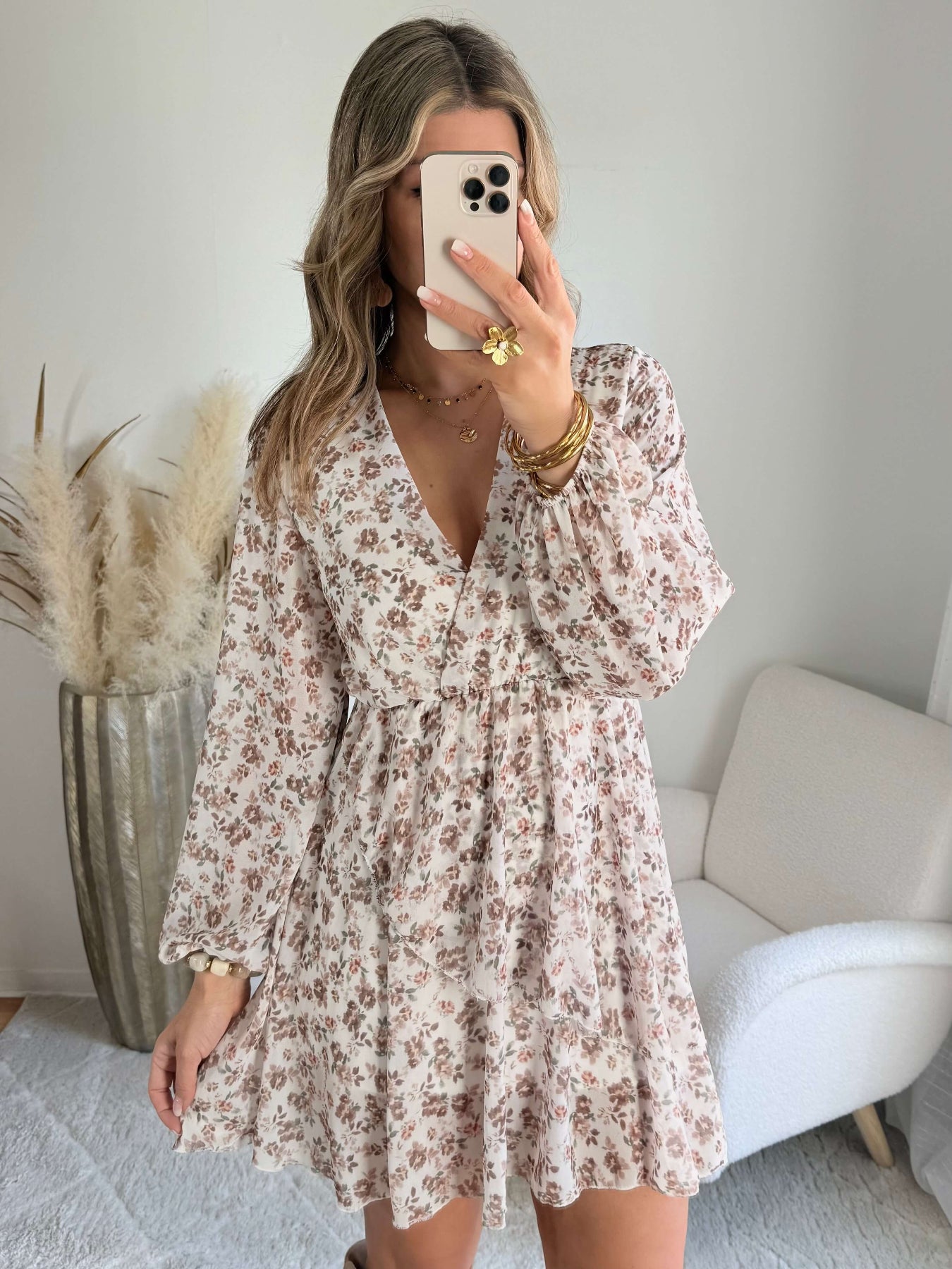 Robe fleurie écru taupe Cassie bohème chic Easy Dressing