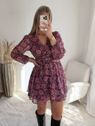 Robe courte prune dorée Paris à manches longues